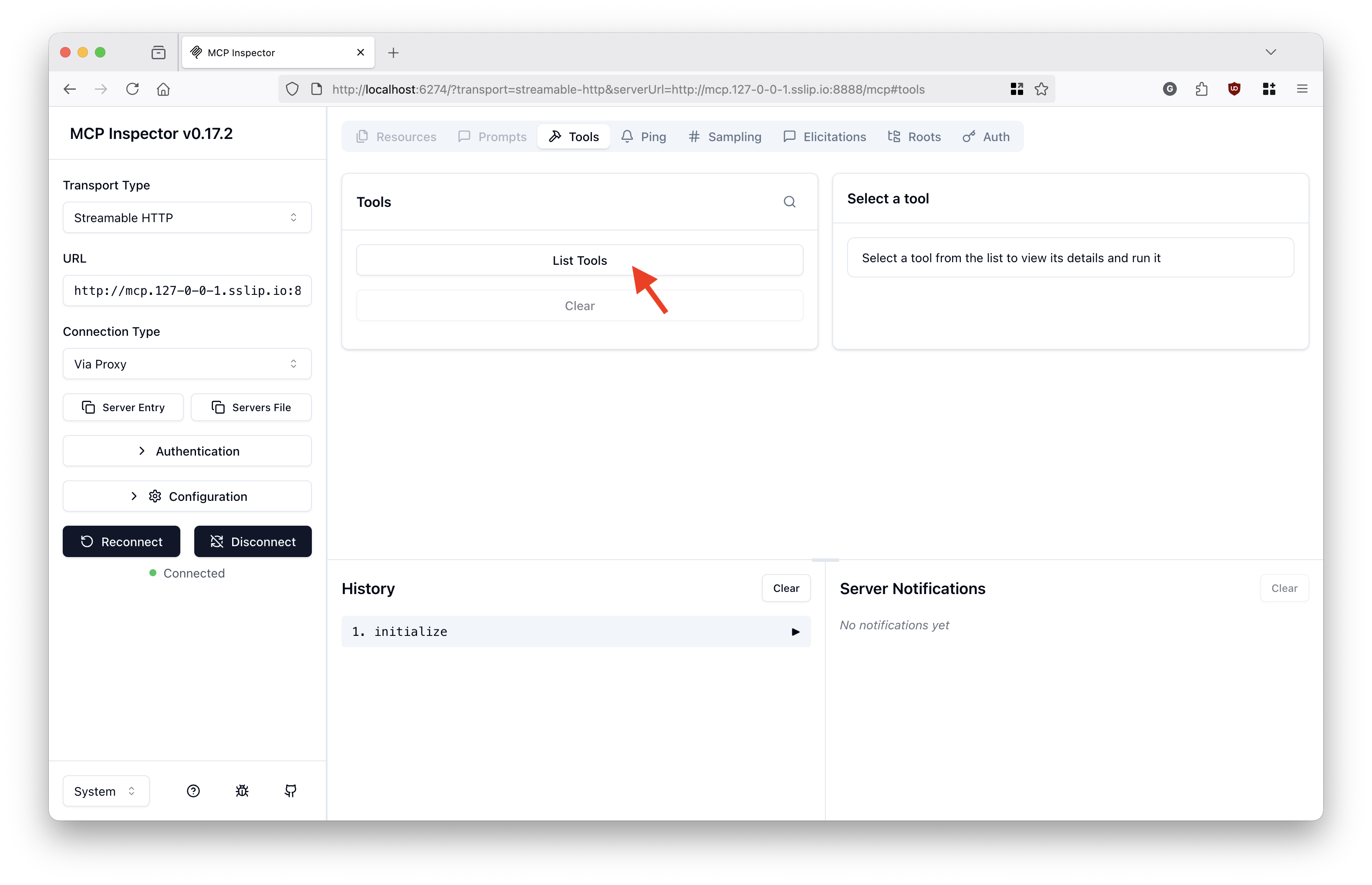 MCP Inspector Connected