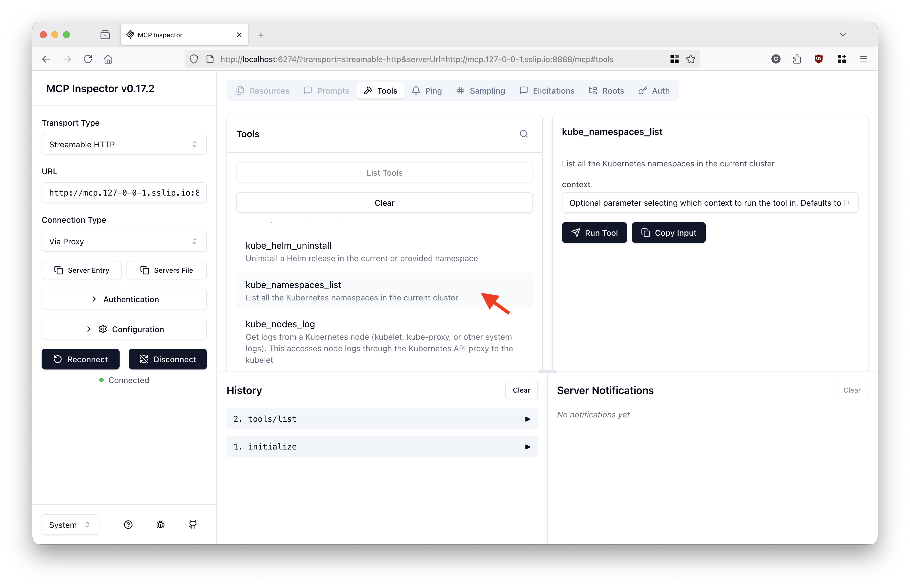 Kubernetes MCP server namespaces tool