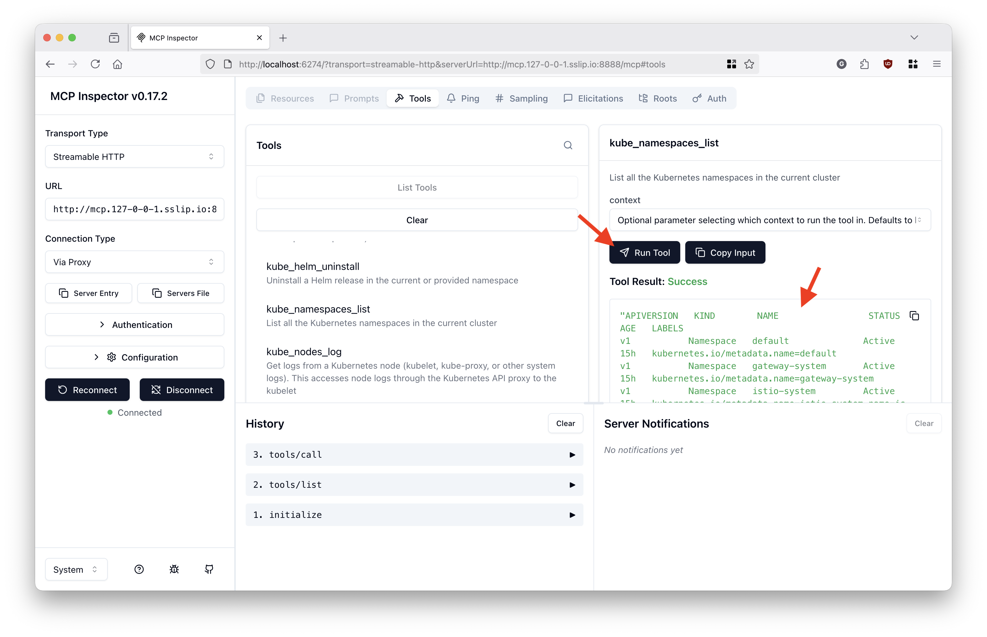 Kubernetes MCP server namespaces tool success